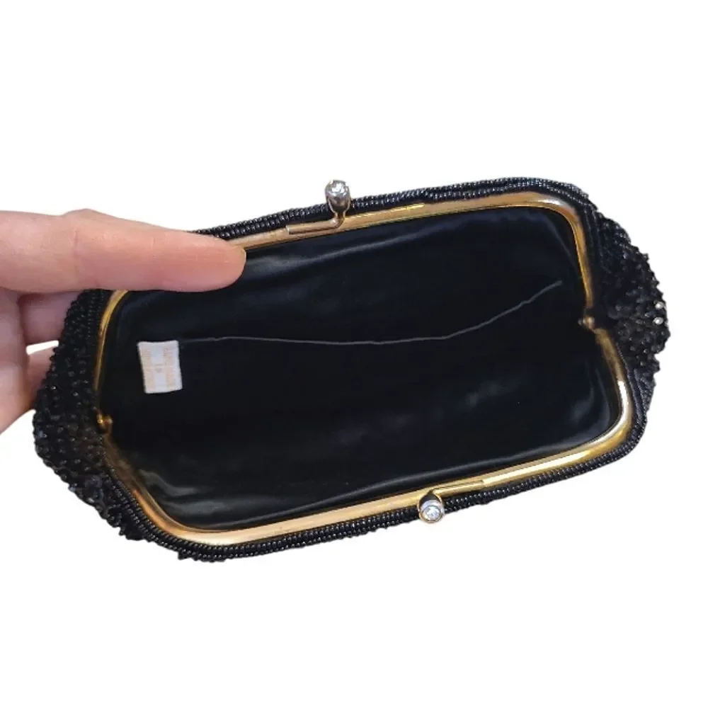 VTG 50s 60s Black Handmade Hong Kong‎ Beaded Sequins Kiss Lock Clutch